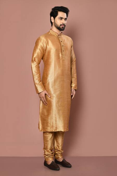 Buy_Aryavir Malhotra_Gold Dupion Silk Embroidered Thread Placket Kurta Set