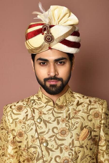 Buy_Aryavir Malhotra_Cream Glass Velvet Colorblock Safa_Online_at_Aza_Fashions