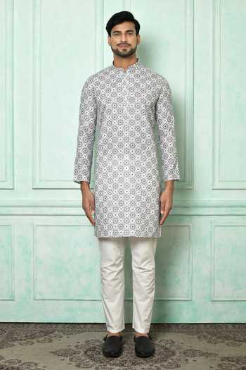 Buy_Arihant Rai Sinha_Grey Cotton Printed Floral Mandarin Collar Kurta And Aligarh Pyjama Set_Online_at_Aza_Fashions