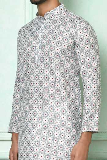 Shop_Arihant Rai Sinha_Grey Cotton Printed Floral Mandarin Collar Kurta And Aligarh Pyjama Set_Online_at_Aza_Fashions