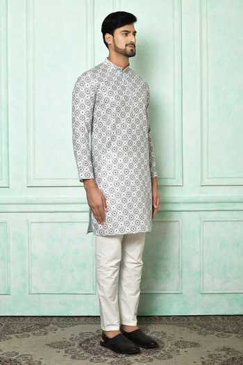Arihant Rai Sinha_Grey Cotton Printed Floral Mandarin Collar Kurta And Aligarh Pyjama Set_at_Aza_Fashions