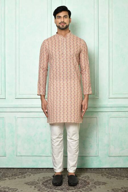 Buy_Arihant Rai Sinha_Multi Color Kurta Cotton Geometric And Aligarh Pyjama Set_Online_at_Aza_Fashions