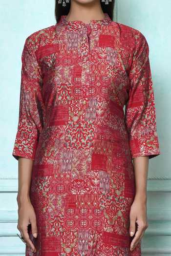 Shop_Nazaakat By Samara Singh_Pink Muslin Printed Floral Band Collar Kurta Pant Set_Online_at_Aza_Fashions