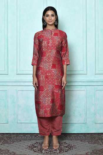 Nazaakat By Samara Singh_Pink Muslin Printed Floral Band Collar Kurta Pant Set_at_Aza_Fashions