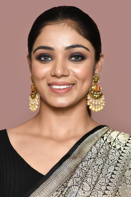 Nayaab By Aleezeh_Gold Plated Beads Drop Temple Earrings_Online_at_Aza_Fashions