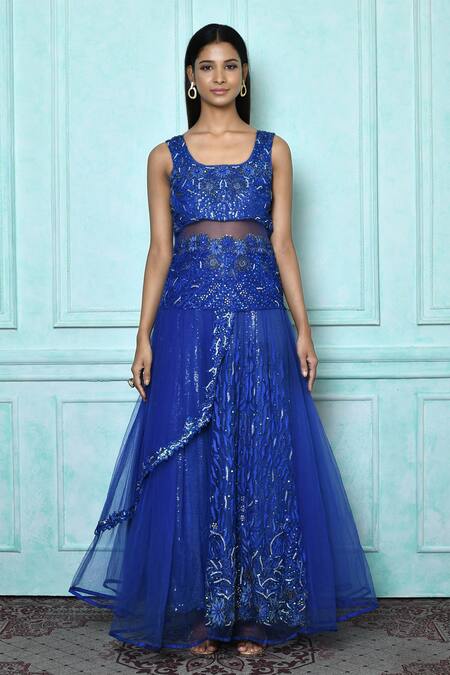 Samyukta Singhania_Blue Net, Satin, Canvas Sequins, Rhinestones Round Neck Embroidered Gown _Online_at_Aza_Fashions