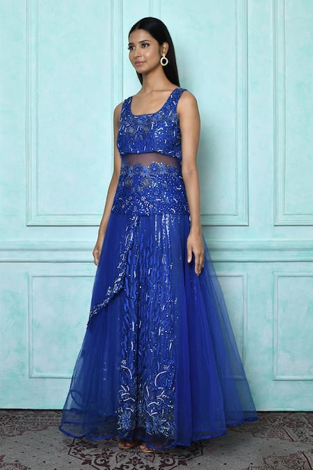 Shop_Samyukta Singhania_Blue Net, Satin, Canvas Sequins, Rhinestones Round Neck Embroidered Gown _Online_at_Aza_Fashions
