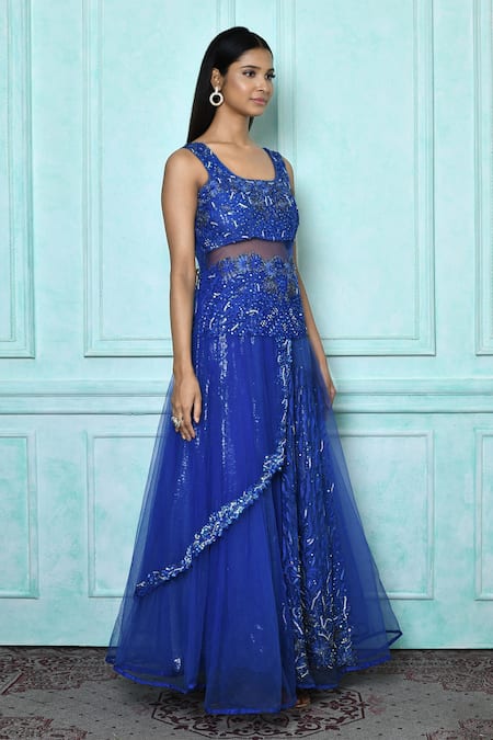 Samyukta Singhania_Blue Net, Satin, Canvas Sequins, Rhinestones Round Neck Embroidered Gown _at_Aza_Fashions