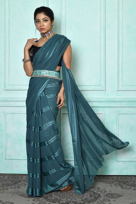 Buy_Samyukta Singhania_Blue Georgette Mirrors Teal Striped Saree_Online_at_Aza_Fashions