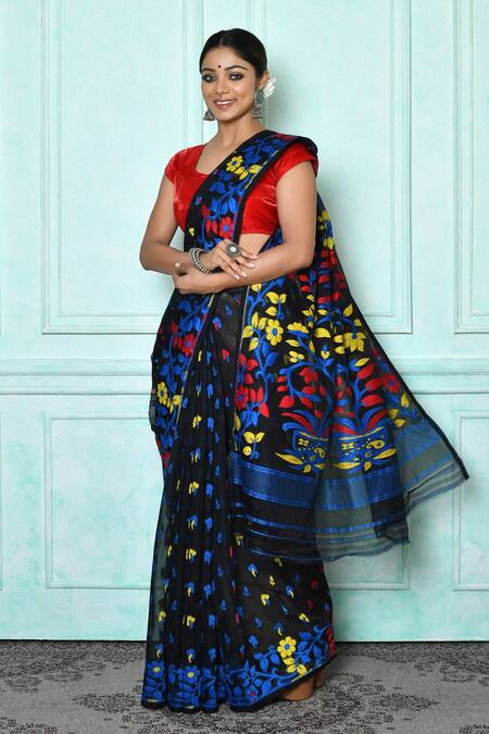 Samyukta Singhania_Black Silk, Cotton Floral Jamdani Woven Saree_Online_at_Aza_Fashions