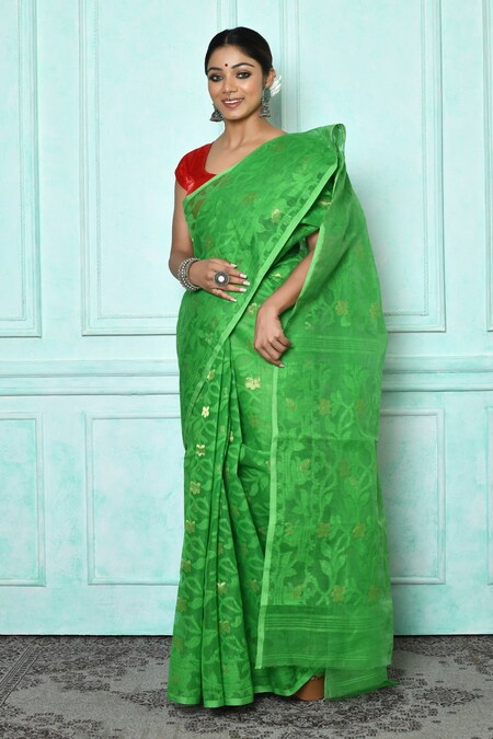 Green Color Printed Cotton Saree.