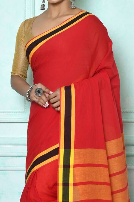 Smart Linen Saree with Stripe Pallu in Red and Copper Zari – Bengal Looms  India