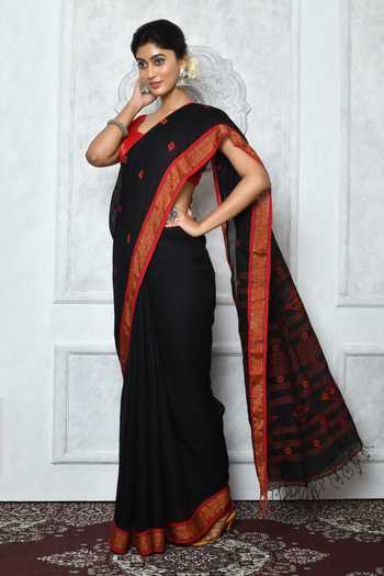 Buy_Adara Khan_Black Linen Jamdani Woven Saree_Online_at_Aza_Fashions