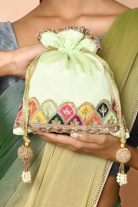 Samyukta Singhania_Green Embroidery Placement Potli_Online_at_Aza_Fashions
