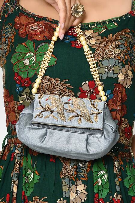Buy_Nayaab By Aleezeh_Grey Embroidered Bird Pouch Bag_Online_at_Aza_Fashions