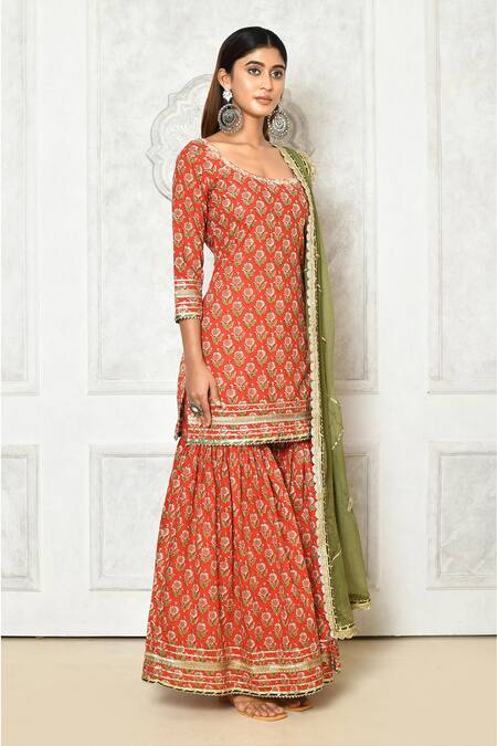 Shop_Samyukta Singhania_Red Cotton Embroidery Round Neck Straight Kurta Flared Pant Set_Online_at_Aza_Fashions