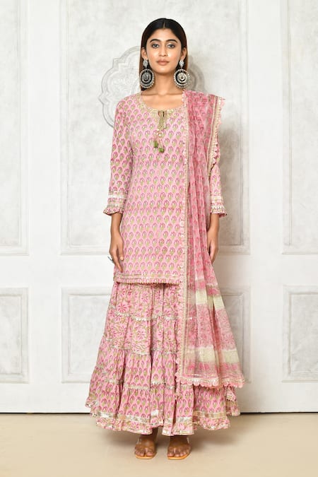 Buy_Samyukta Singhania_Pink Cotton Embroidery Round Neck Floral Print Kurta Flared Pant Set _Online_at_Aza_Fashions