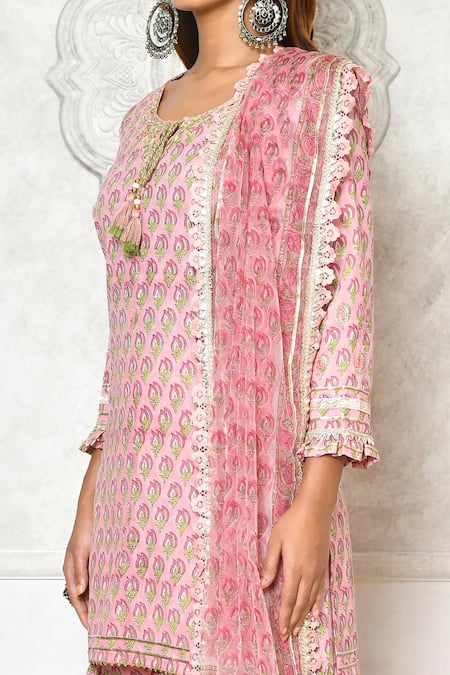 Shop_Samyukta Singhania_Pink Cotton Embroidery Round Neck Floral Print Kurta Flared Pant Set _Online_at_Aza_Fashions