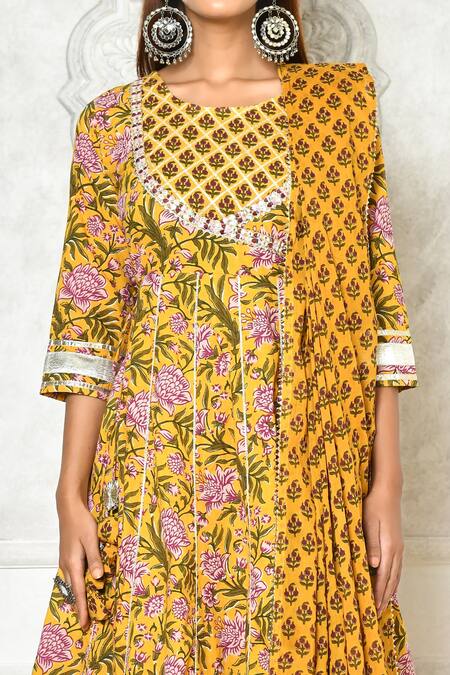 Buy_Samyukta Singhania_Yellow Cotton Embroidery Round Neck Floral Print Anarkali Set_Online_at_Aza_Fashions