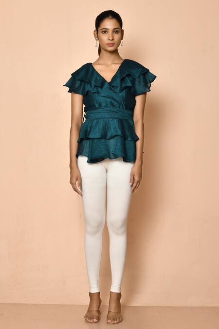 Naintara Bajaj_Emerald Green Organza Ruffles, Bows V-neck Layered Peplum Top With Tie-up Belt _Online_at_Aza_Fashions