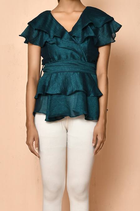 Buy_Naintara Bajaj_Emerald Green Organza Ruffles, Bows V-neck Layered Peplum Top With Tie-up Belt _Online_at_Aza_Fashions