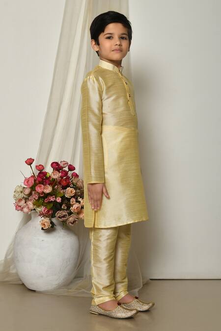 Petite Pomme_Gold Silk Woven Straight Kurta With Pant _at_Aza_Fashions