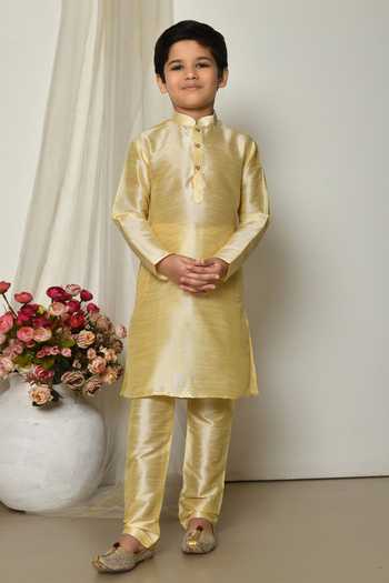 Buy_Petite Pomme_Gold Brocade, Silk Embroidery Garden Floral Print Jacket Kurta Set _Online_at_Aza_Fashions