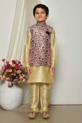 Shop_Petite Pomme_Gold Brocade, Silk Embroidery Garden Floral Print Jacket Kurta Set _Online_at_Aza_Fashions