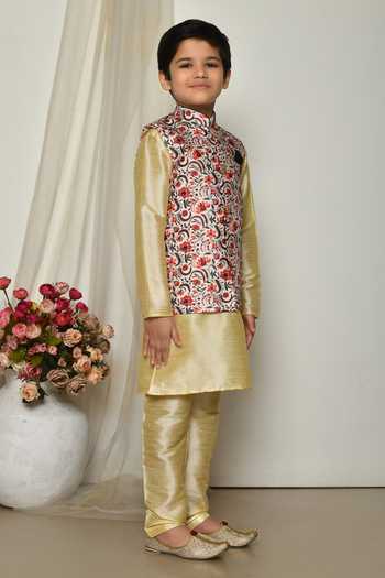 Petite Pomme_Gold Brocade, Silk Embroidery Garden Floral Print Jacket Kurta Set _at_Aza_Fashions