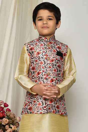 Buy_Petite Pomme_Gold Brocade, Silk Embroidery Garden Floral Print Jacket Kurta Set 