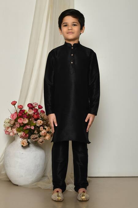 Shop_Petite Pomme_Black Silk Straight Plain Kurta With Pant _Online_at_Aza_Fashions