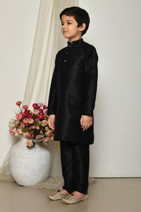 Petite Pomme_Black Silk Straight Plain Kurta With Pant _at_Aza_Fashions