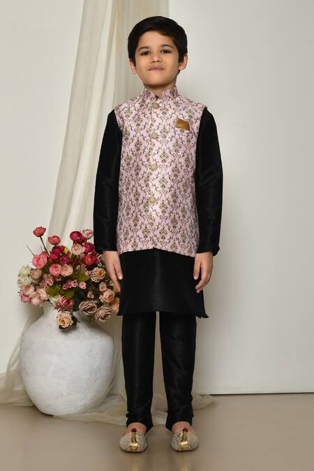 Petite Pomme_Black Brocade, Silk Embroidery Floral Baroque Print Jacket Kurta Set _at_Aza_Fashions