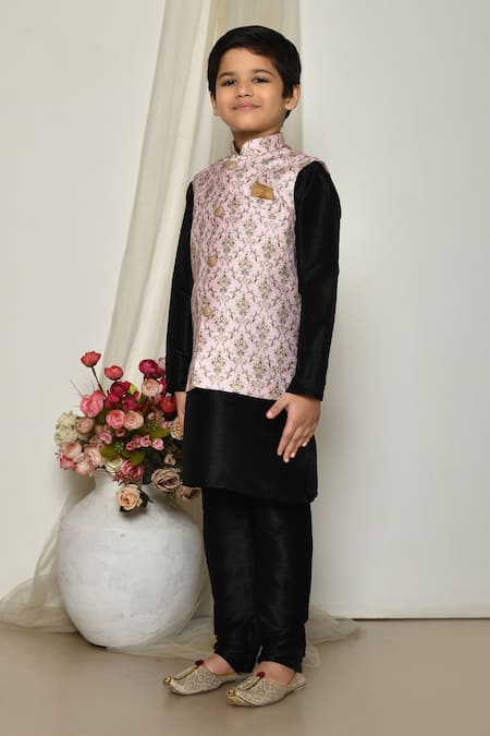 Buy_Petite Pomme_Black Brocade, Silk Embroidery Floral Baroque Print Jacket Kurta Set 