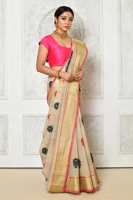 Buy_Khwaab By Sanjana Lakhani_Beige Floral Pattern Woven Baswara Saree _Online_at_Aza_Fashions