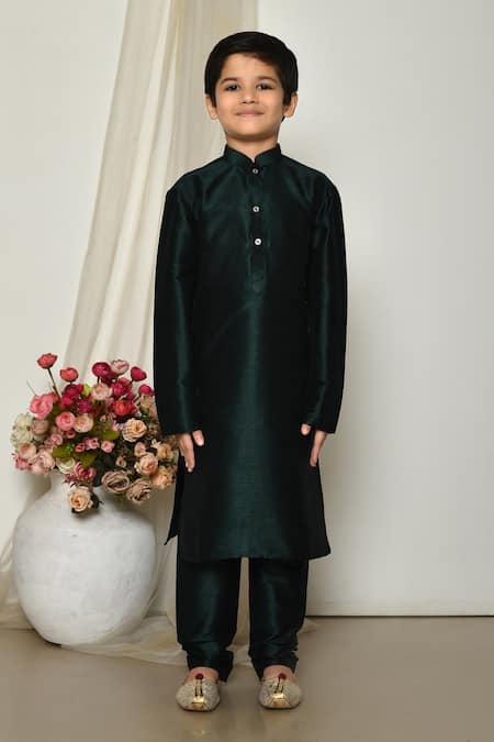 Buy_Petite Pomme_Green Brocade, Silk, Satin Embroidery Floral Blossom Print Jacket Kurta Set _Online_at_Aza_Fashions