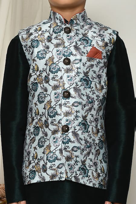 Petite Pomme_Green Brocade, Silk, Satin Embroidery Floral Blossom Print Jacket Kurta Set _at_Aza_Fashions