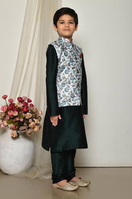 Buy_Petite Pomme_Green Brocade, Silk, Satin Embroidery Floral Blossom Print Jacket Kurta Set 