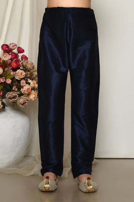 Petite Pomme_Blue Silk, Brocade Embroidery Antique Floral Print Bundi Kurta Set_Online_at_Aza_Fashions