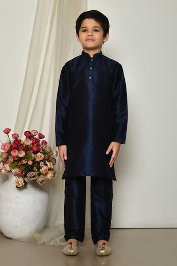 Buy_Petite Pomme_Blue Brocade, Silk Embroidery Floral Vine Print Jacket Kurta Set _Online_at_Aza_Fashions