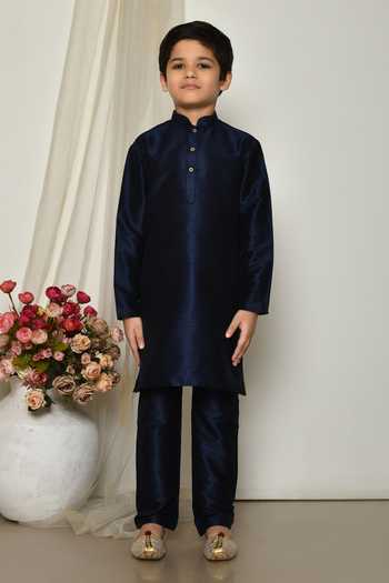 Buy_Petite Pomme_Blue Brocade, Silk Embroidery Bright Floral Print Jacket Kurta Set _Online_at_Aza_Fashions