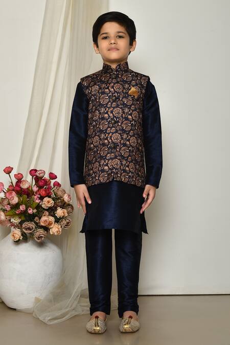 Shop_Petite Pomme_Blue Silk, Brocade Embroidery Antique Floral Print Bundi Kurta Set_Online_at_Aza_Fashions