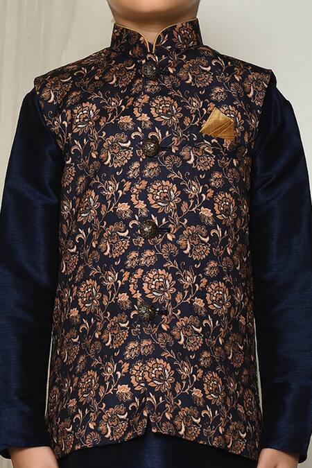 Petite Pomme Blue Silk, Brocade Embroidery Antique Floral Print Bundi Kurta Set at Aza Fashions Petite Pomme_Blue Silk, Brocade Embroidery Antique Floral Print Bundi Kurta Set_at_Aza_Fashions