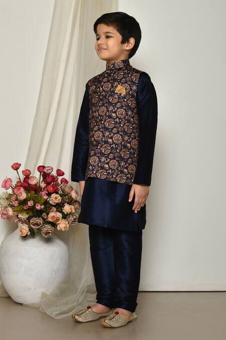Buy_Petite Pomme_Blue Silk, Brocade Embroidery Antique Floral Print Bundi Kurta Set