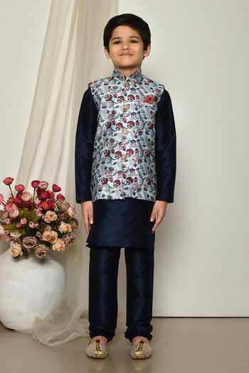 Shop_Petite Pomme_Blue Brocade, Silk Embroidery Bright Floral Print Jacket Kurta Set _Online_at_Aza_Fashions