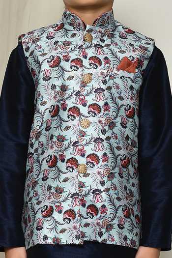 Petite Pomme_Blue Brocade, Silk Embroidery Bright Floral Print Jacket Kurta Set _at_Aza_Fashions