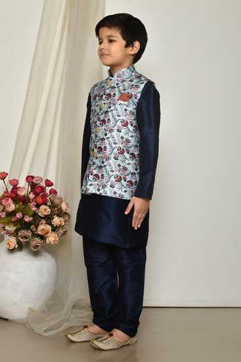 Buy_Petite Pomme_Blue Brocade, Silk Embroidery Bright Floral Print Jacket Kurta Set 