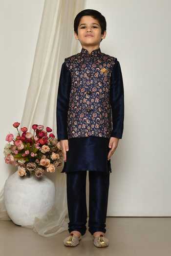 Shop_Petite Pomme_Blue Brocade, Silk Embroidery Floral Vine Print Jacket Kurta Set _Online_at_Aza_Fashions