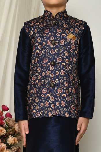 Buy_Petite Pomme_Blue Brocade, Silk Embroidery Floral Vine Print Jacket Kurta Set 