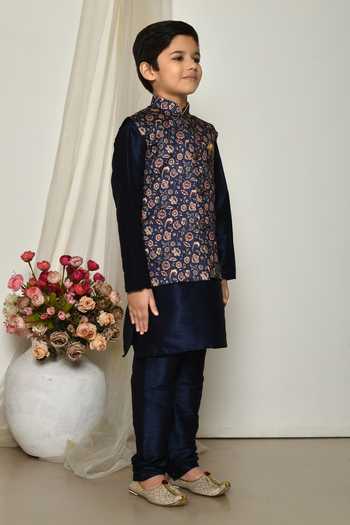 Petite Pomme_Blue Brocade, Silk Embroidery Floral Vine Print Jacket Kurta Set _at_Aza_Fashions